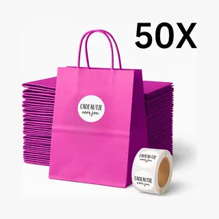 Papieren Draagtas (S) - Pink / Roze - (Inclusief Stickers “Cadeautje Voor Jou”) - 50 Stuks - 18x8x22 Cm - Papieren Tasjes - Kraft Tas - Tassen -
