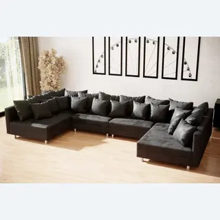 Geen merk, Hoekbank Denver Xl Vintage Zwart Zonder Poef / Hocker - Wooneiland Hoeksalon Modulair - Afkuisbare Microvezelstof