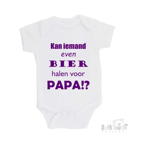 100% Katoenen Romper "Kan Iemand Even Bier Halen Voor Papa!?" Vader Vaderdag Papa Meisjes Katoen Wit/paars Maat 62/68 thumbnail