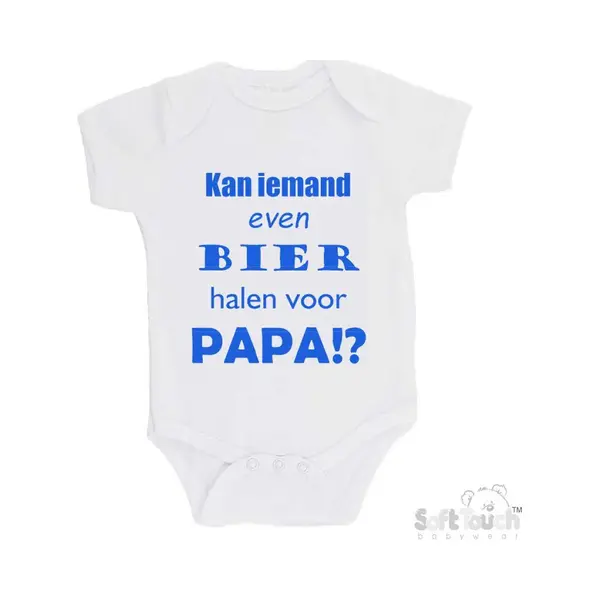 100% Katoenen Romper "Kan Iemand Even Bier Halen Voor Papa!?" Vader Vaderdag Papa Jongens Katoen Wit/blauw Maat 62/68 thumbnail