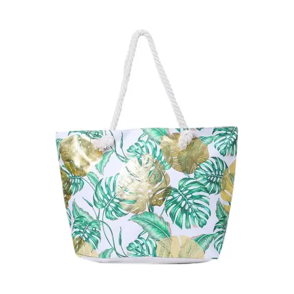 Een Vrolijke Strandtas Met Een Print Van Diverse Bladeren (55x35cm) Gevoerd En Afsluitbaar Met Een Rits Aan De Binnenkant. Een Handige Tas Om Veel In thumbnail