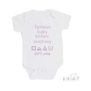 100% Katoenen Romper "Remove Baby Before Washing 100% Cotton" Meisjes Katoen Wit/lila Maat 62/68