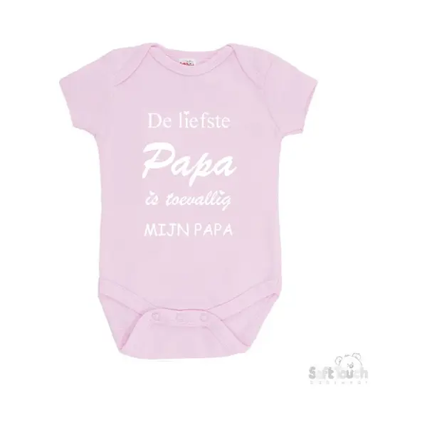 100% Katoenen Romper "De Liefste Papa Is Toevallig Mijn Papa" Unisex Katoen Roze/wit Maat 56/62 thumbnail