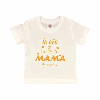 T-shirt Kinderen "Ik Heb De Liefste Mama Ooit!" Moederdag | Korte Mouw | Wit/mosterd | Maat 122/128 (S)