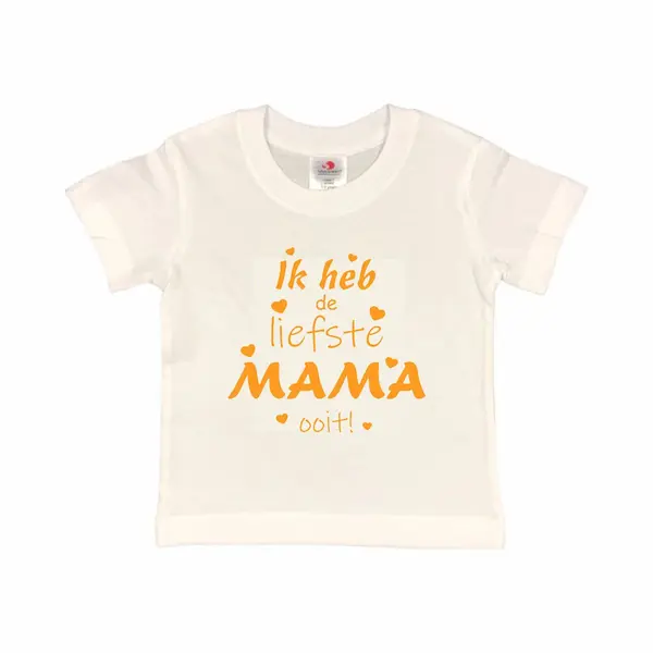 T-shirt Kinderen "Ik Heb De Liefste Mama Ooit!" Moederdag | Korte Mouw | Wit/mosterd | Maat 122/128 (S) thumbnail