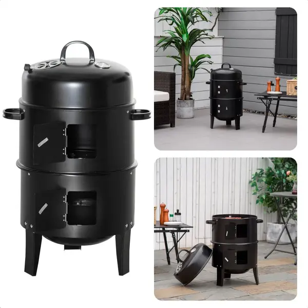 'merkloos'' Bbq Rookoven - Rook- En Grilloven - Ø40 X H78 Cm - Staal - 2 Roosters - Thermomemeter - Houtskool/Briketten - 6, 9 Kg - Barbecue Smoker thumbnail