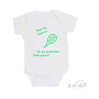 100% Katoenen Romper "Pak De Luiers! Ik Ga Padellen Met Papa!!" Padel Unisex Katoen Wit/mint Maat 62/68