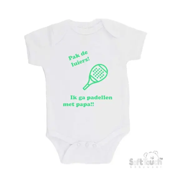 100% Katoenen Romper "Pak De Luiers! Ik Ga Padellen Met Papa!!" Padel Unisex Katoen Wit/mint Maat 62/68 thumbnail