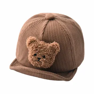Corduroy Cap Met Beertje - Bruin - 46/50cm - 6 T/m 36 Maanden - Baby - Peuter - Beren Pet - Ribstof - Honkbal Petje