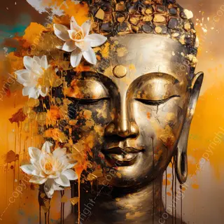 K&C Art (Canvas Schilderij) 60x60cm | Boeddha Met Lotusbloemen - Buddha - Goud - Wit - Zwart - Groen - Modern - Kunst | Woonkamer - Slaapkamer - Hal -