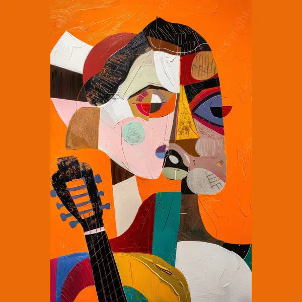 K&C Art (Aluminium Schilderij) 60x90cm | Vrouw Met Gitaar In Picasso Stijl - Abstract - Gezicht - Kleurrijk - Modern - Kunst | Woonkamer - Slaapkamer thumbnail