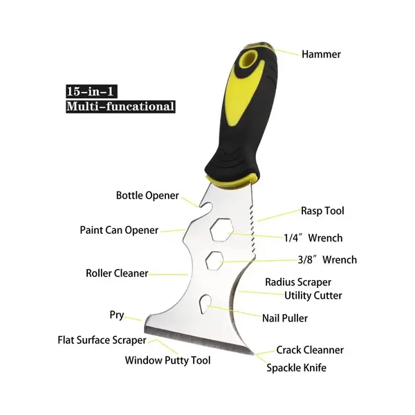 15 In 1 Multifunctioneel Plamuurmes Roestvrijstalen Verfschraper Verwijderen Constructiegereedschap Voor Behangblikopener Thuis Diy - Geel thumbnail