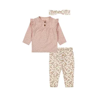 Dirkje - Basic Collection - Bio Cotton - Broek Met Bloemetjes Offwhite - Shirt Light Dusty Pink Met Stipjes - Haarbandje - Maat 62