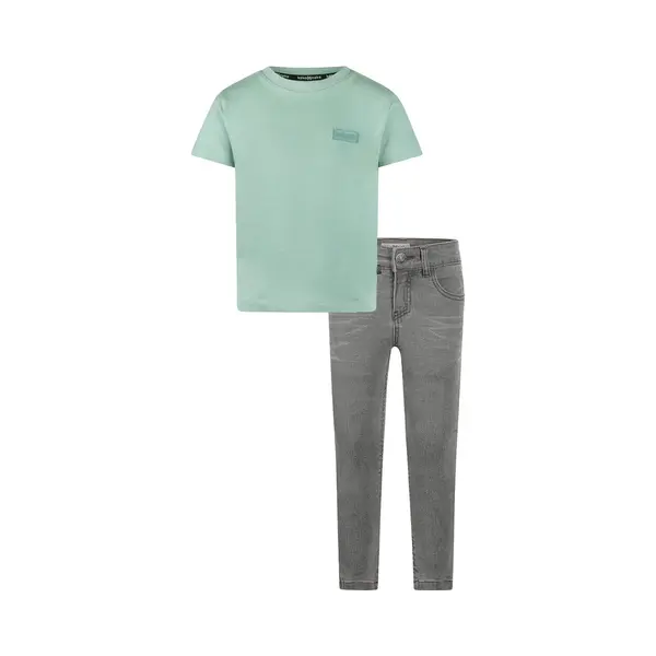 Koko Noko - Kledingset - Basic Collection - Bio Cotton - Grijze Jeans - Shirt Korte Mouw Faded Green - Maat 134 thumbnail