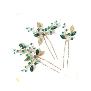 Haarsieraden Op Goudkleurige Pin Versierd Met Goudkleurige Blaadjes En Smaragdgroene En Naturelkleurige Strassteentjes, 3 Stuks (huwelijk, Communie,