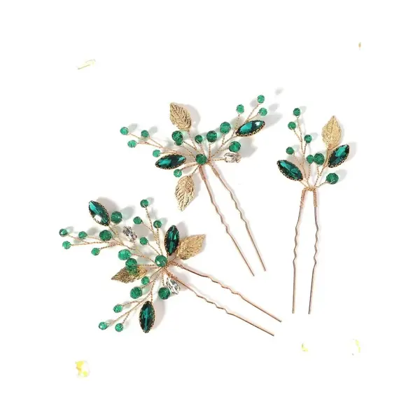 Haarsieraden Op Goudkleurige Pin Versierd Met Goudkleurige Blaadjes En Smaragdgroene En Naturelkleurige Strassteentjes, 3 Stuks (huwelijk, Communie, thumbnail