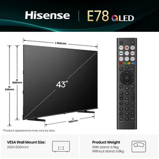 Hisense 43" E78QTUK Qled Smart Ai Tv with Freely