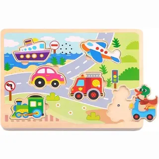 Tooky Toy TL064 Geluidspuzzel Voertuigen – Houten Voertuigen Geluiden Puzzel – Educatief Speelgoed – 12+ Maanden