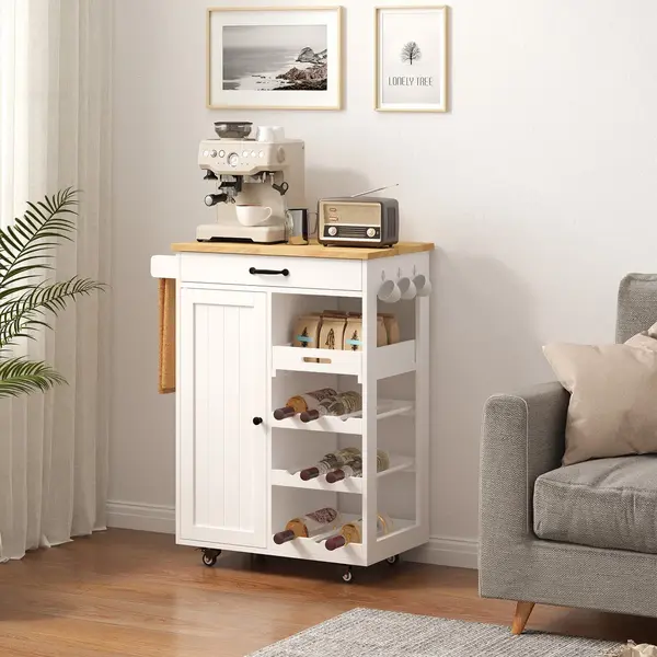 Bealife KC52 Keukentrolley- Keukenkast Met Werkblad En Wielen - Keukenkar - Keukenwagen Met Haken - Wit thumbnail