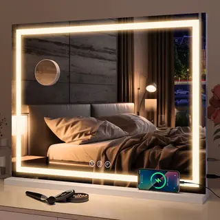 Puluomis Hollywood Spiegel 80x60CM - Led-lichtstrips - Spiegel Met Verlichting - Usb Oplaadpoort - 10x Vergroting - 3 Lichtstanden - Dimbaar - Smart