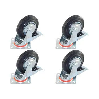 Benson Set Van 4 Transportwielen Zwenkwielen Met Rem 160mm | Stalen Velg | Rubberen Band | Draagvermogen 160kg | Bouwhoogte 190mm