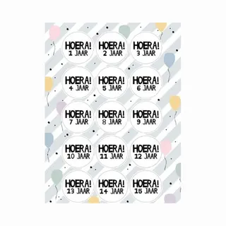 A5 Stickervel - Leeftijd Sticker - Leeftijden Hoera 1 T/m 15 Jaar - 15 Assorti - Sluitzegel - Jubileum - Zwart/ Wit - Envelop Sticker - Kaart -