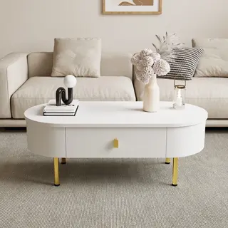 Sweiko Salontafel - 2 Laden - Gouden Poten - Ronde Hoeken - Wit