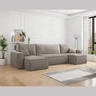 Beddenbriljant U-bank Frenkie - Ribstof - Beige - Slaapbank Met Opbergruimte - Lounge Links én Rechts - Direct Leverbaar - U-zetel - Chaise Longue - Zetel Met