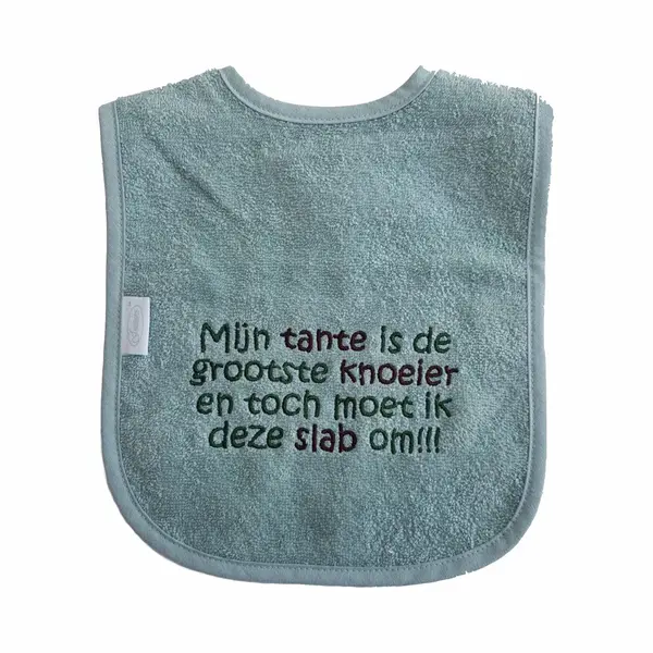 Funnies Groene (stone Green) Slab Met "Mijn Tante Is De Grootste Knoeier En Toch Moet Ik Deze Slab Om!!!" - Lief, Kraamcadeautje, Cadeau, Babyshower, Groen, thumbnail