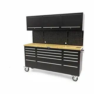 Hbm 182 Cm Werkbank Met Kastenwand En Houten Blad Zwart