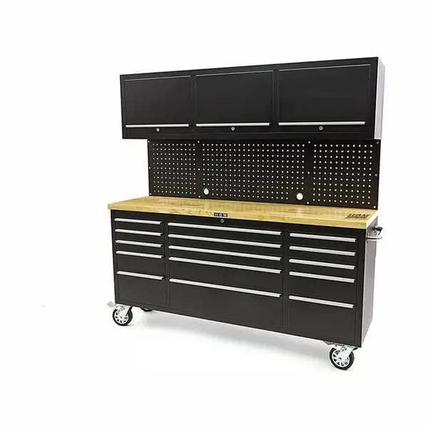 Hbm 182 Cm Werkbank Met Kastenwand En Houten Blad Zwart thumbnail