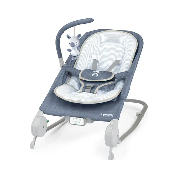 Ingenuity, Happy Belly Rock-to-Bounce Seat, Music, Vibration, Removable Toy Bar, Plush Toy Sloth, 0-6 Months, Blue - Chambray thumbnail