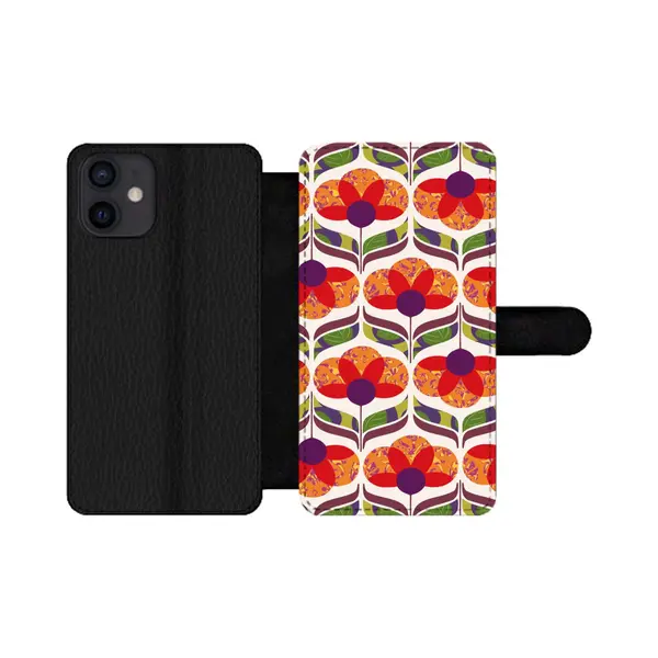 Telefoonhoesje Geschikt Voor IPhone 12 Telefoonhoesje - Retro - Flower Power - Vintage - Kleuren - Met Vakjes - Wallet Case Met Magneetsluiting thumbnail