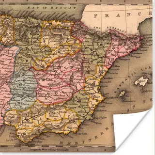 PosterMonkey Poster Landkaart - Spanje - Iberië - Vintage - 100x100 Cm Xxl