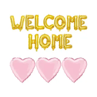 Welcome Home Folie Ballonnen Set Goud Met 3 Roze Harten - Folie - Ballon - Welkom Thuis - Hart - Roze - Goud - Baby - Geboorte