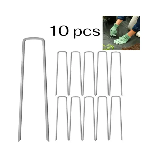 Mysit 10 Stuks - U-vormige Grondpennen Van Roestvrij Staal - Tuinpennen Voor Buiten - U-vormige Grondpennen Van Onkruidwerend Materiaal - 4*15cm - Tuinpalen thumbnail
