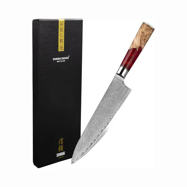 Shinrai Japan Shinrai Knives - Koksmes 20 Cm - Koksmes - Damascus Mes - Epoxy Ruby - Met Luxe Geschenkdoos - Keukenmes - Japans Hakmes thumbnail