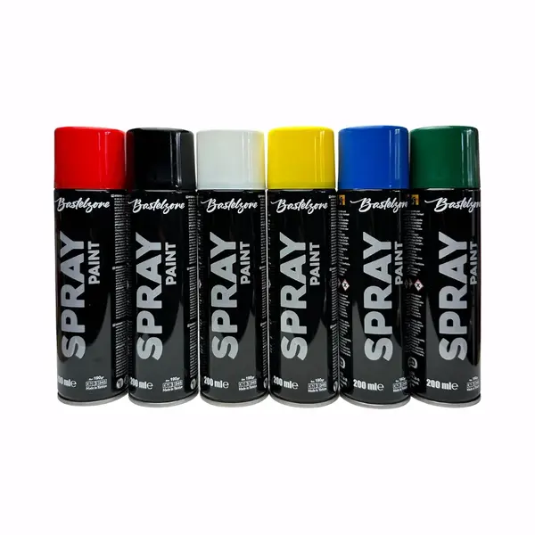 art-oba Spuitverf Set, 6 Kleuren Elk 200 Ml. Sneldrogende Graffiti-spuitbussen Voor Hout, Steen, Metaal, Glas. Zwart, Wit, Blauw, Groen, Rood, Geel thumbnail
