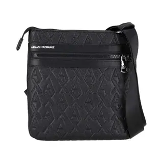 Armani Exchange Men's Double Pocket Embossed Monogram Texture Crossbody, Black, Black, One Size