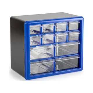Plasticforte Sorteerbakjes Spijkers/schroeven - 12x Lades - 26 X 16 X 23 Cm - Opbergkastjes - Ophangbaar - Blauw/transparant