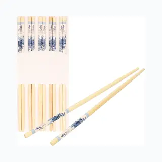 Concorde Sushi Eetstokjes - 5x Setjes - Bamboe Hout - Blauwe Print - 24 Cm