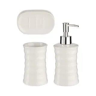 Berilo Badkamer Accessoires Set Met Strepen 3-delig Creme Wit Van Keramiek - Schaaltje - Zeeppompje - Beker