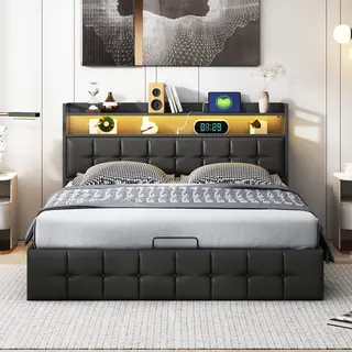 BursDany Gestoffeerd Bed 160x200 Cm Met Led En Usb - Hydraulisch Tweepersoonsbed Met Lattenbodem En Hoofdeinde Opbergruimte, Opbergbed (zonder Matras) Pu Zwart