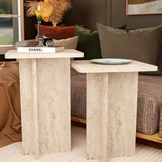 Ultimate Premium Product – Salontafel Set Van 2 – Moderne Vierkante Nesting Bijzettafels – Travertin Look – Kleine Tafels Voor Woonkamer