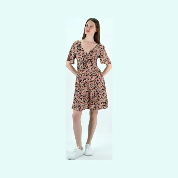 YesMooi - Mini Jurk Met Bloemenprint - V-hals En Open Rug - L (40) - Roze | Oranje | Beige thumbnail