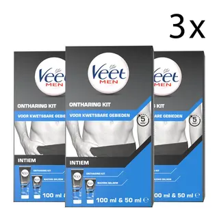 Veet Men Ontharingskit Voor Intieme Delen - Ontharingscrème En Aftercare Balsem – 100ml + 50ml - 3 Stuks - Voordeelverpakking