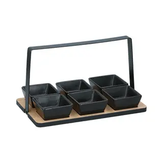 Alpina Serveerschaal Met Vakjes - Tapas Schaaltjes - Bamboe Rvs - 6 Stuks - 14x24x14cm - Zwart