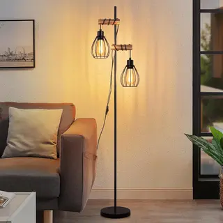 Glitzerlife Vintage Staande Lamp - Industrieel Zwart Hout & Metaal Vloerlamp - 2-lichts E27 Fitting Met Kooi Lampenkap - Voor Woonkamer En Slaapkamer