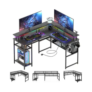 Mihtrov Gaming Bureau Met Led Verlichting - 136x118x88 Cm - L-Vormig Hoekbureau Met Stopcontact - Stopcontact - Gaming Desk - Computer Tafel - Gaming Tafel -