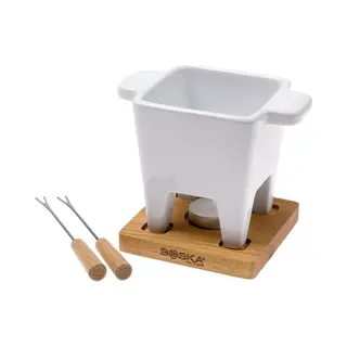 Boska Tapas Fondue Set Bianco/Mini Cheese Fondue Sets/Fondue For 6.1 Oz Of Melted Cheese/White Ceramic Base/Incl. 2 Wooden Fondue Forks/On Tea Light